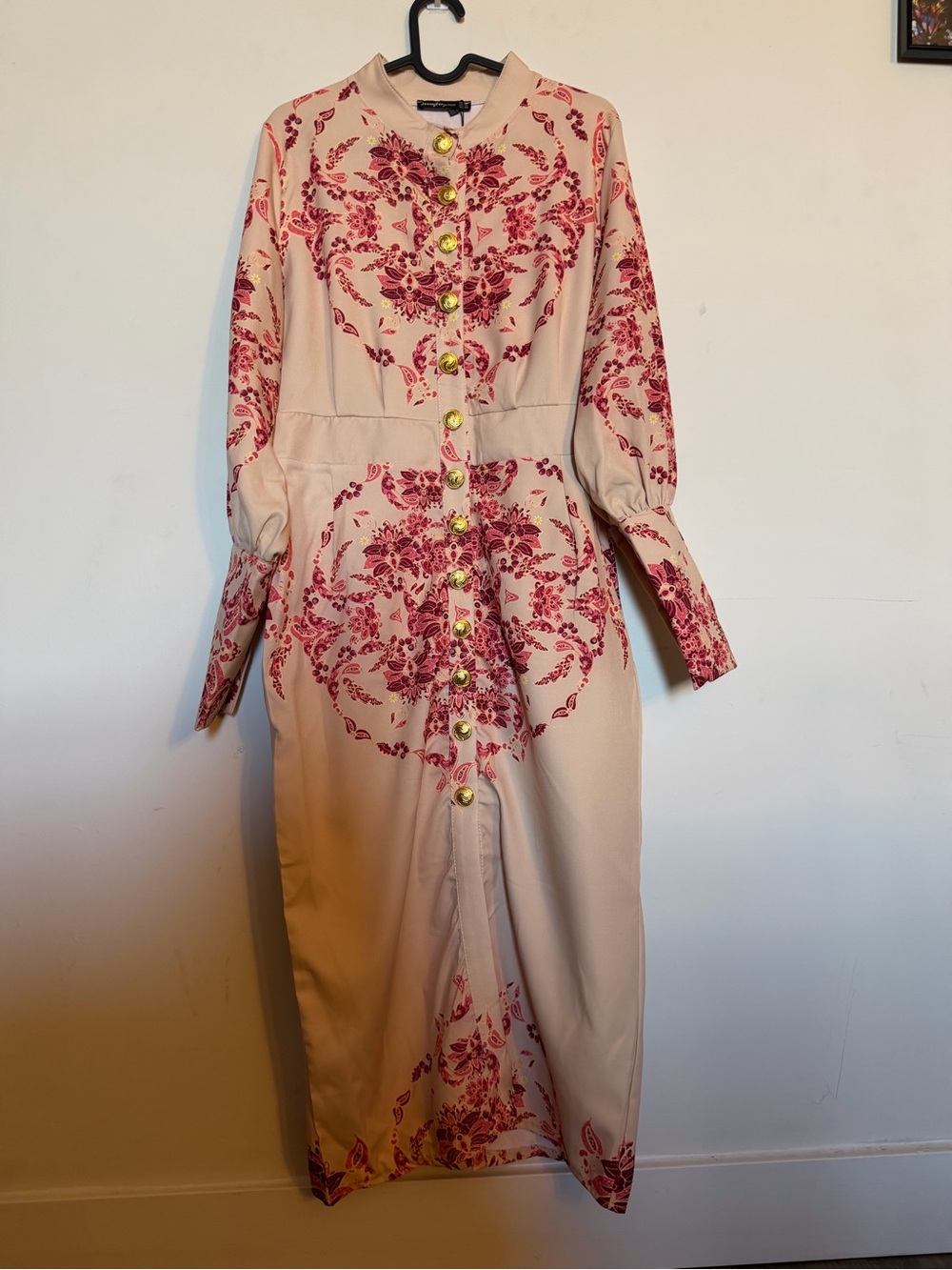 Beige Long-Sleeve Midi Dress with Red Floral Print and Gold Buttons